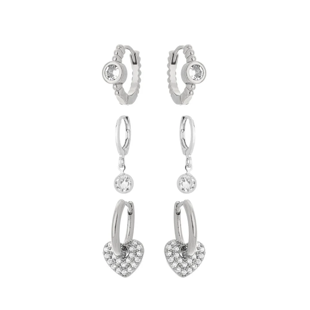 Trio Brinco Argola Earbling Ródio Branco