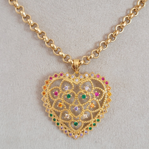 Colar Elo Português Com Pingente Coração Cravejado Verniz Italiano 45cm + Extensor