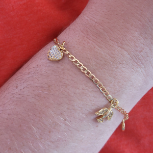 Pulseira Elo Grumet Com Pingente Coração Cravejado Microzircônia Folheada A Ouro 15cm + Extensor