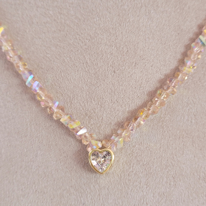 Colar Cristais Lapidado Com Pingente Coração Verniz Italiano 40cm + Extensor