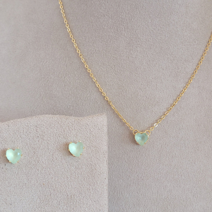 Conjunto Elo Oval Coração Verde Água Folheado A Ouro 40cm + Extensor