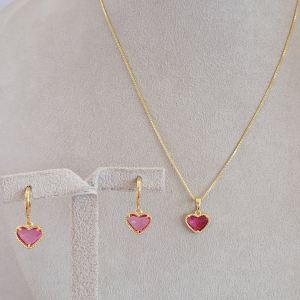 Conjunto Elo Veneziana Coração Pink Folheado A Ouro 40cm + Extensor