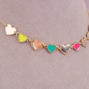 Colar Elo Veneziana Corações Colorful Resinados Folheado A Ouro 40cm + Extensor