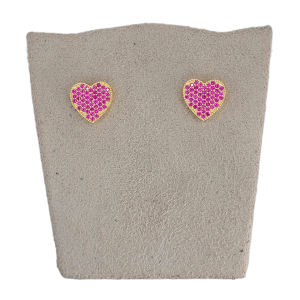 Brinco Coração Cravação Inglesa Cravejado Microzircônia Pink Folheado A Ouro 1cmx1cm diâmetro