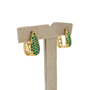 Brinco Argola Gota Click Cravejado Microzircônia Verde Folheado A Ouro 1cmx1cm diâmetro