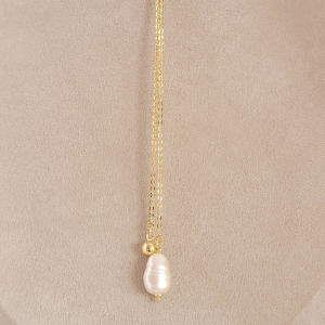 Colar Longo Elo Oval Gravatinha Com Pérola Folheado A Ouro Ajustável 80cm