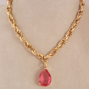 Colar Elo Entrelaçado Com Pingente Gota Rosa Verniz Italiano 45cm + Extensor