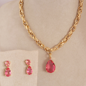 Brinco Gota Rosa Cravação Italiana Folheado A Ouro