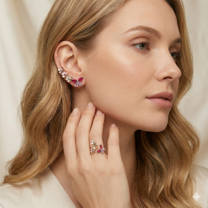 Anel Borboleta Com Flores Cravejado Microzircônia e Navete Colorido Verniz Italiano nº 20