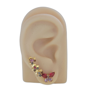 Conjunto Borboleta Com Flores Cravejado Microzircônia e Navete Colorido Verniz Italiano nº 20