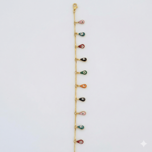 Pulseira Gota Olho Grego Colorida Folheada A Ouro 16cm + Extensor