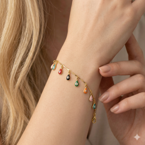 Pulseira Gota Olho Grego Colorida Folheada A Ouro 16cm + Extensor