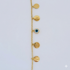 Pulseira Elo Português Medalhas Olho Grego Folheada A Ouro 17cm + Extensor