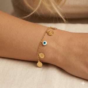 Pulseira Elo Português Medalhas Olho Grego Folheada A Ouro 17cm + Extensor