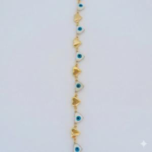 Pulseira Corações Olho Grego Folheada A Ouro 18cm + Extensor G