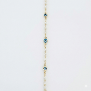 Pulseira Pérolas e Olho Grego Folheada A Ouro 14cm + Extensor