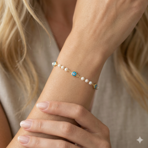 Pulseira Pérolas e Olho Grego Folheada A Ouro 14cm + Extensor