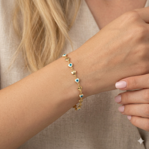 Pulseira Corações Olho Grego Folheada A Ouro 18cm + Extensor M