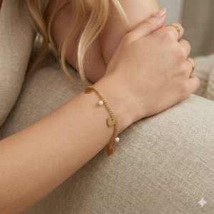 Pulseira Corações Com Pérola Folheada A Ouro 16cm + Extensor