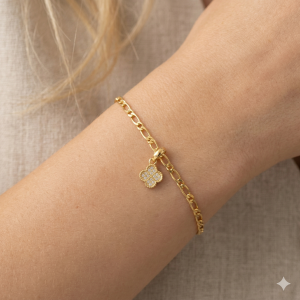 Pulseira Elo 1 Por 1 Com Pingente Inspiração Van Cleef Folheada A Ouro 19cm + Extensor