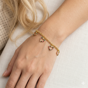 Pulseira Elo Português Com Corações Cravejada Zircônia Navete Colorida Folheada A Ouro 18cm + Extensor