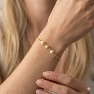 Pulseira 2 Pérolas 1 Bolinha Jateada Folheada A Ouro 14,5cm