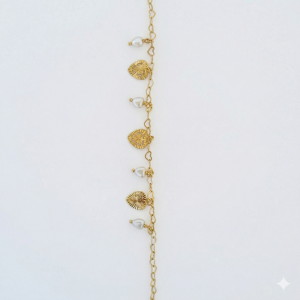 Pulseira Corações e Corações Pérola Folheada A Ouro 15cm + Extensor