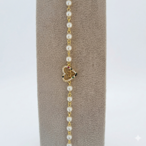Pulseira Pérolas Com Coração Fé Folheada A Ouro 18cm + Extensor