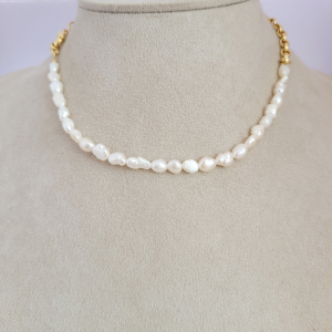 Colar Pérolas e Elo Português Folheado A Ouro 40cm