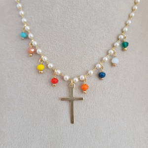 Colar Pérolas Com Pingentes Coloridos Folheado A Ouro 40cm+Extensor