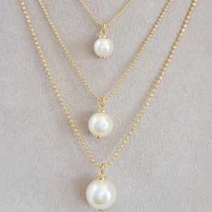 Colar Triplo Elo Bolinha Com Pérolas Folheado A Ouro 50cm + Extensor