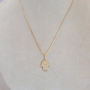 Colar Elo Veneziana Com Pingente Mão De Fátima Cravejado De Microzircônia 45cm + Extensor