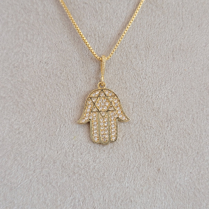 Colar Elo Veneziana Com Pingente Mão De Fátima Cravejado De Microzircônia 45cm + Extensor