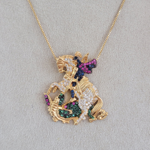 Colar Elo Veneziana Com Pingente São Jorge Cravejado Microzircônias Coloridas 40cm + Extensor