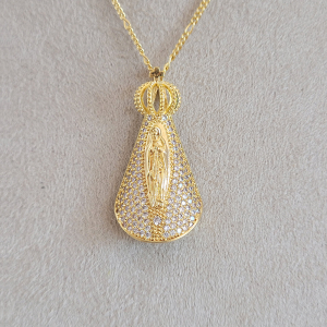 Colar Elo 5 por 1 Com Pingente Nossa Senhora Aparecida Cravejado Micrôzirconia 45cm
