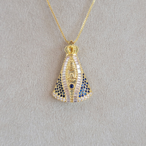 Colar Elo Veneziana Nossa Senhora Aparecida Cravejado Microzircônia e Zircônia Navete Folheado A Ouro 45cm