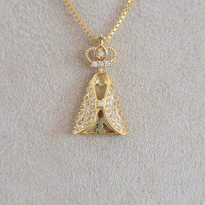 Colar Elo Veneziana Nossa Senhora Aparecida Cravejado Microzircônia Folheado A Ouro 40cm