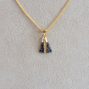 Colar Elo Veneziana Nossa Senhora Aparecida Cravejado Microzircônia Azul Marinho Folheado A Ouro 40cm + Extensor PP