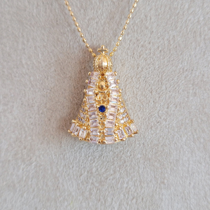 Colar Elo Bolinha Nossa Senhora Aparecida Cravejado Zircônia Navete Folheado A Ouro 45cm + Extensor