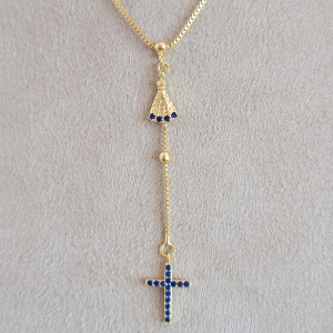 Colar Terço Bolinha Cravejado Microzircônia Azul Marinho Folheado A Ouro 40cm + Extensor