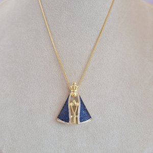 Colar Elo Veneziana Nossa Senhora Aparecida Cravejado Microzircônia Azul Marinho Folheado A Ouro 45cm + Extensor G