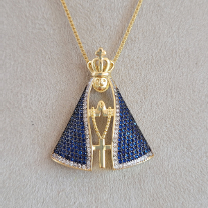 Colar Elo Veneziana Nossa Senhora Aparecida Cravejado Microzircônia Azul Marinho Folheado A Ouro 45cm + Extensor G